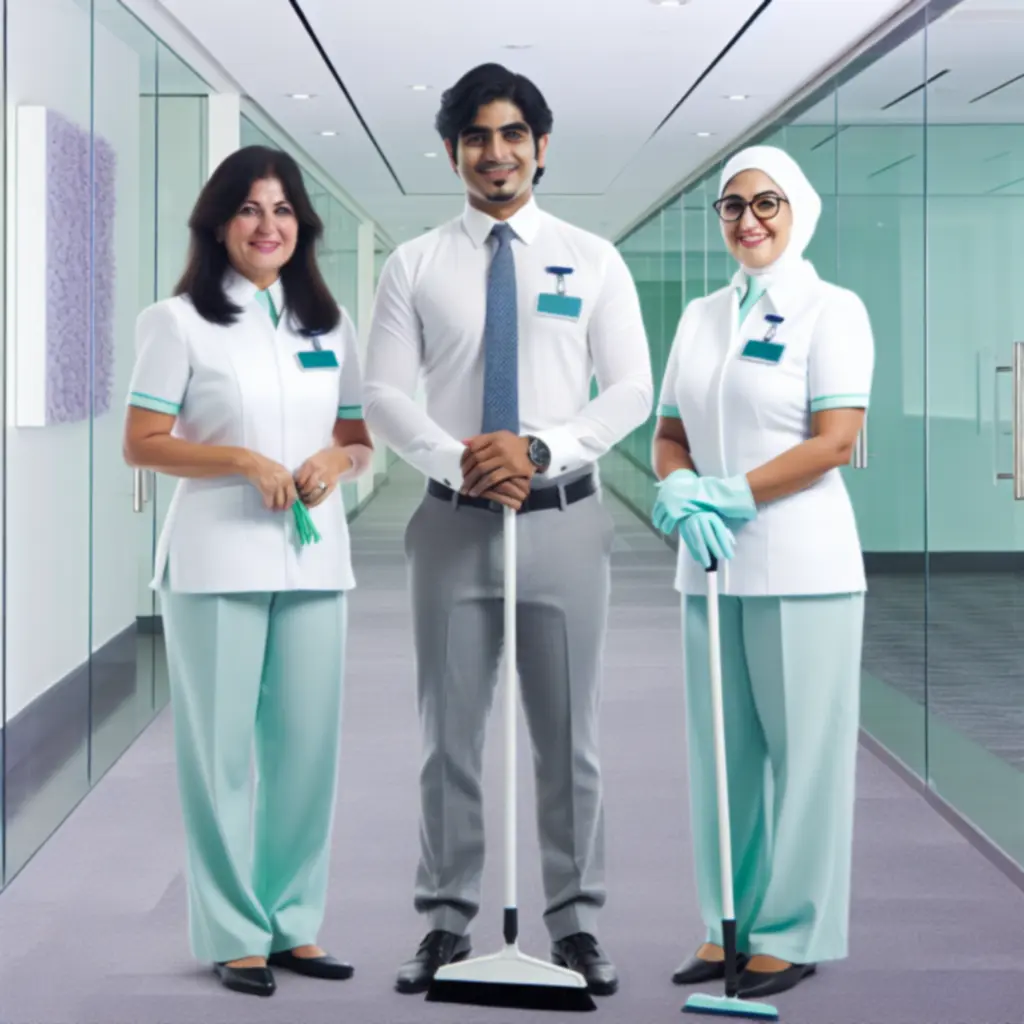 Egységes márkázott egyenruhát viselő professzionális takarítócsapat