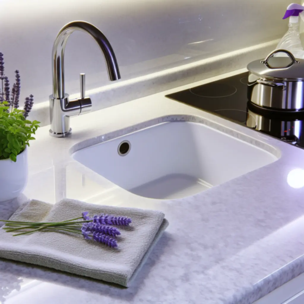 Close-up of spotless kitchen countertop demonstrating meticulous cleaning standards