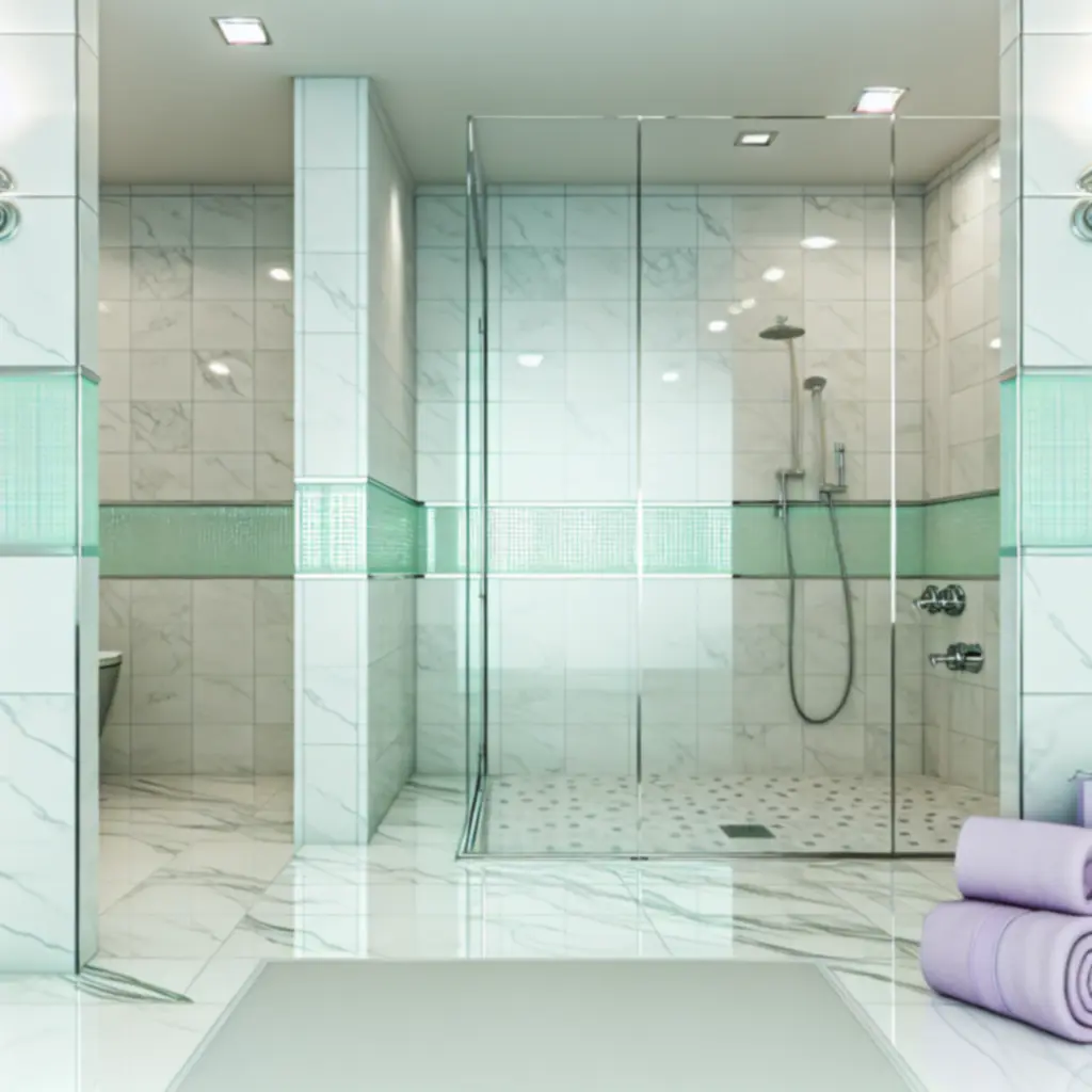 Pristine bathroom showcase with gleaming fixtures and immaculate surfaces