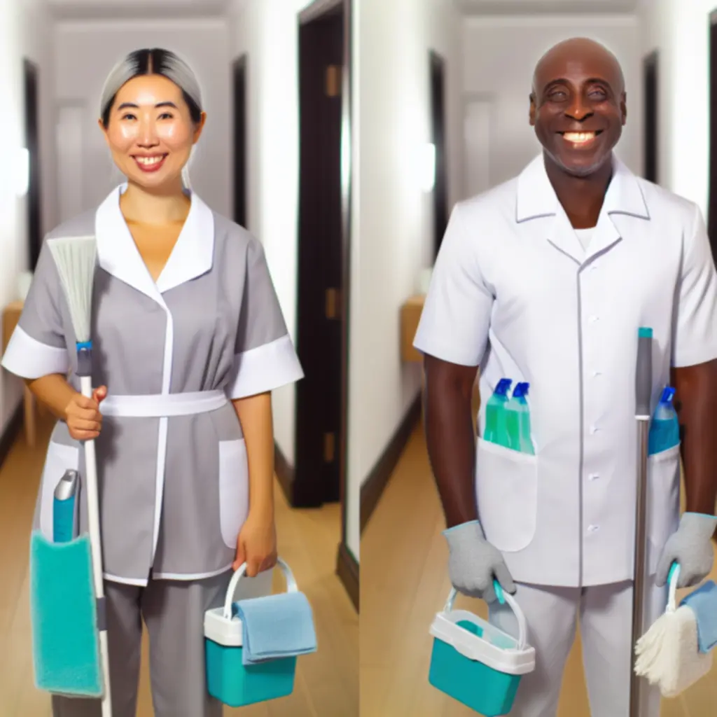 Professional uniformed cleaning team with equipment