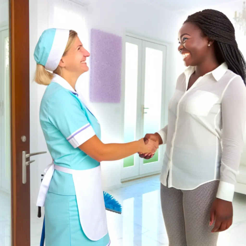 Professional cleaner in uniform shaking hands with satisfied client
