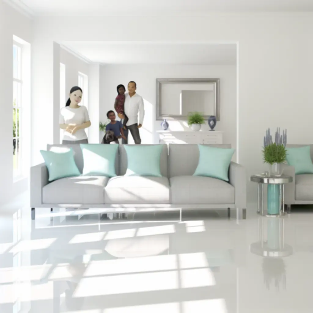 Satisfied homeowner in pristine living room after professional cleaning service