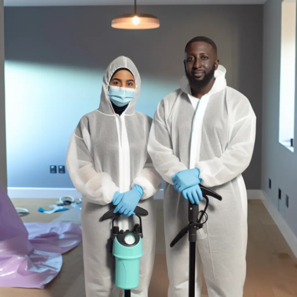 Restaurálási csapatunk biztonsági felszerelésben, védőszemüvegben és maszkban