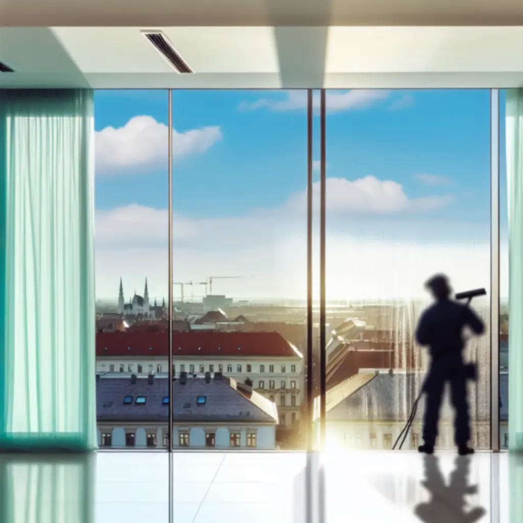 Professzionális ablakmosás folyamatban